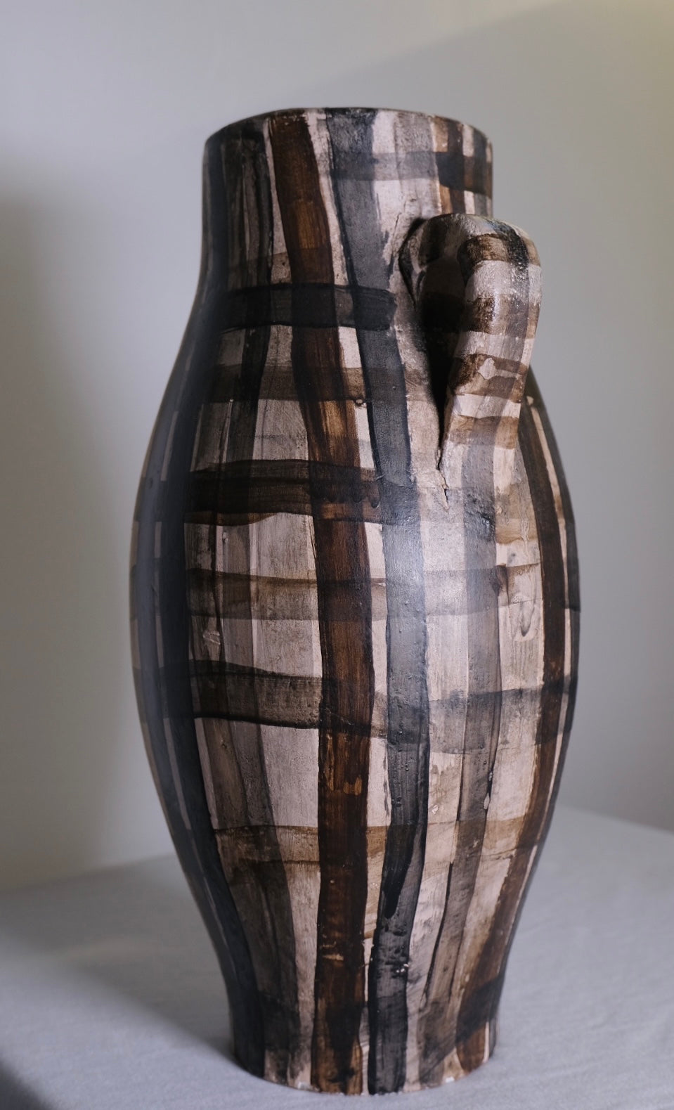 Grecian Style Plaid Tall Urn/Studio Pottery Vase